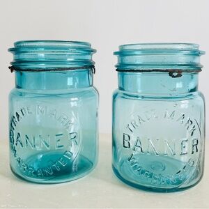 Lot of 2 Trade Mark Banner Warranted Wide Mouth Glass Jars Vtg Rustic Home Decor